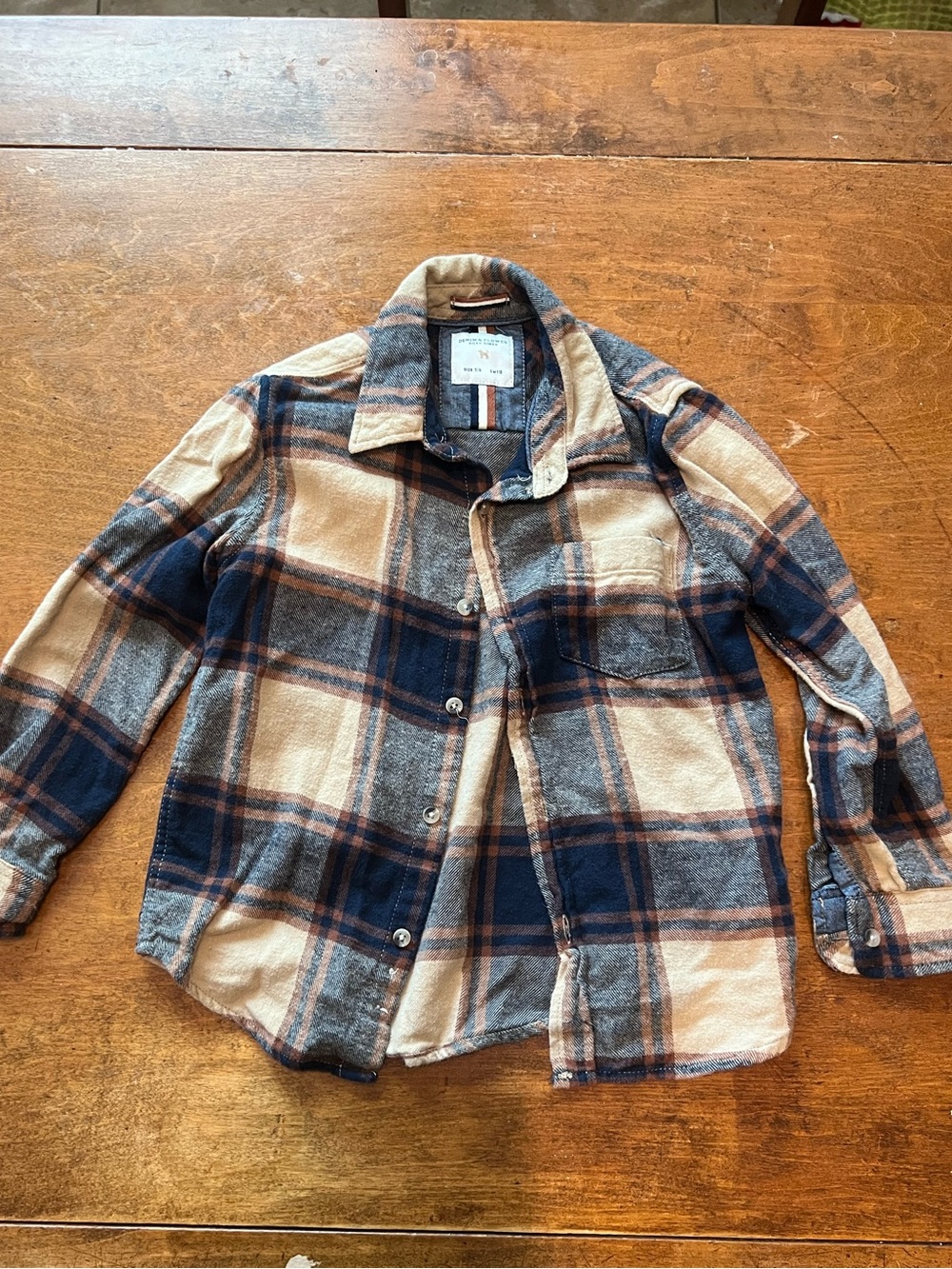 Denim & Flower Ricky Singh Boys Plaid Flannel Shirt Size 5/6 Navy Cream Rust